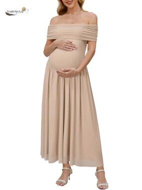 Off Shoulder Mesh Maxi Maternity Dress Sleeveless Formal Photoshoot